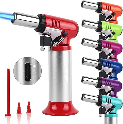 Vista 21 de TBTeek - Soplete de butano con medidor de combustible T907, operación con una sola mano, llama ajustable para BBQ, repostería, creme brulee