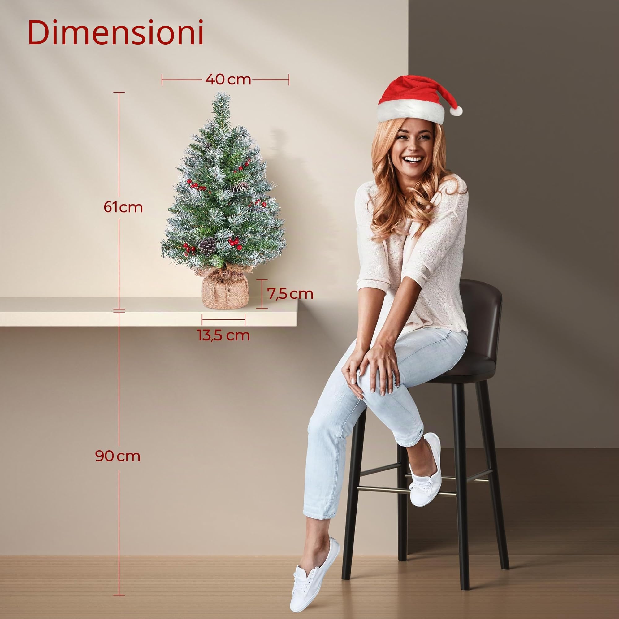 Yaheetech Set di 2 Mini Albero di Natale da 61 cm Piccolo Albero Innevato con 35 Luci a LED 42 Bacche Rosse e 6 Pigne Ideale per Decorazioni Interni