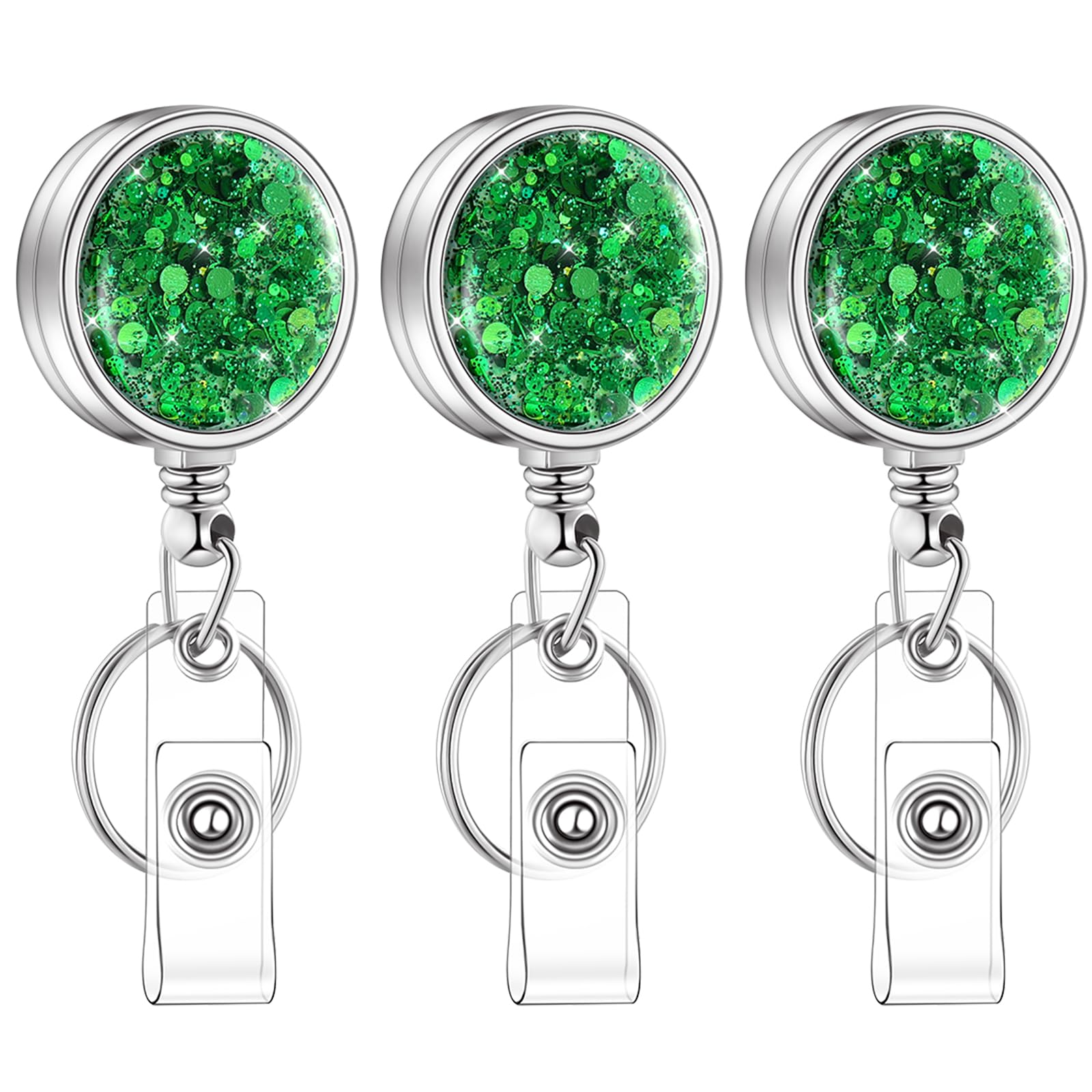 Riceshoot 3 Pack Retractable Badge Holder, Glitter Badge Reel, Lightweight Id Badge Holder with Key Ring Backing Belt Clip for Office Workers Nurses Teachers and Students (Green)