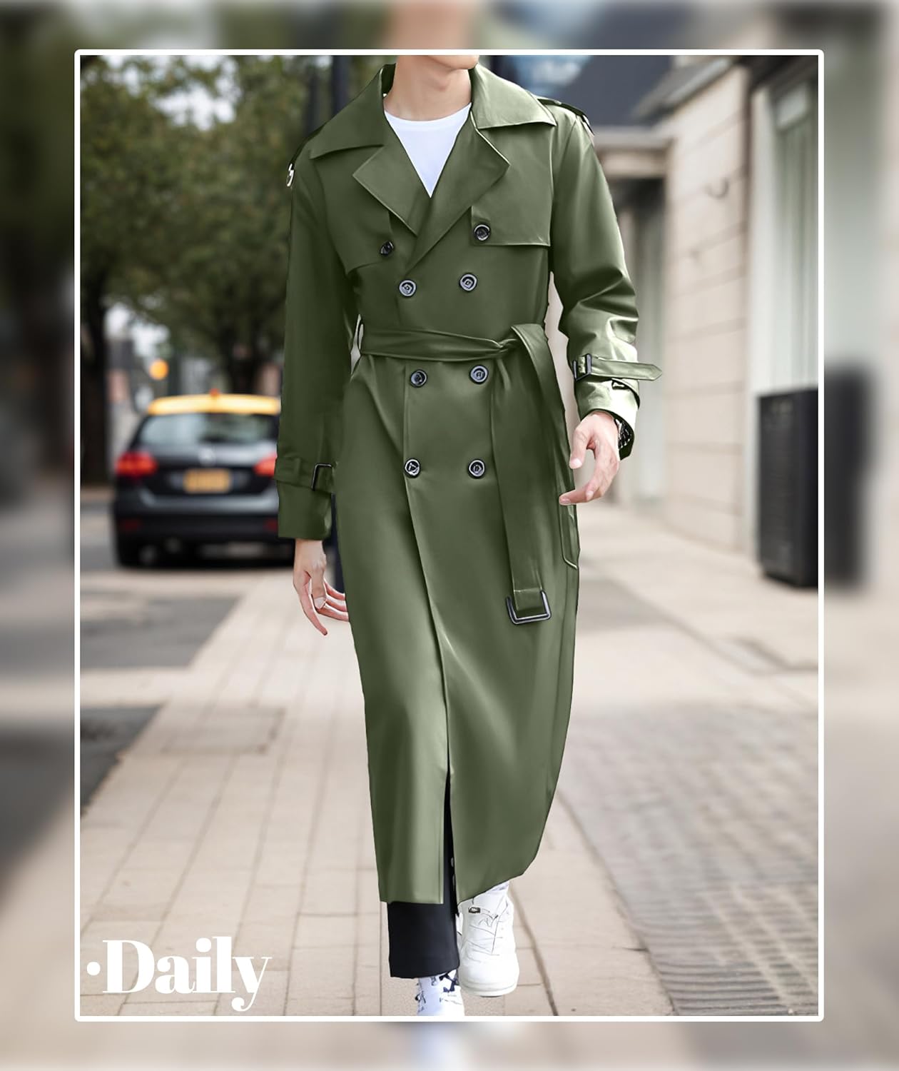 Pantete Men's Double Breasted Trench Coat Oversized Casual Windbreaker Lapel Long Jacket Overcoat - Image 2