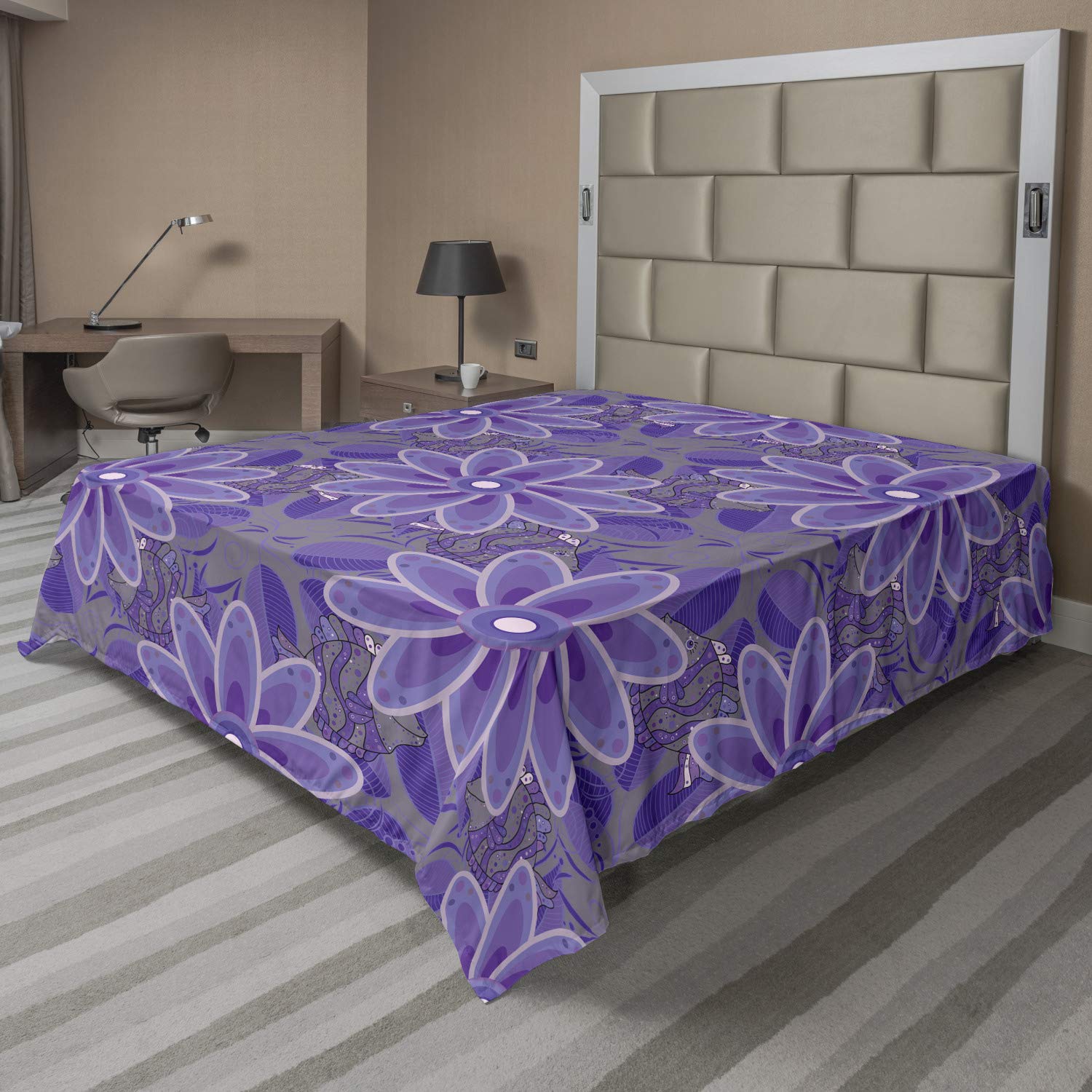 Ambesonne Purple Mandala Flat Sheet, 1970s Hippie Fashion Inspired Floral Geometric Pattern with Doodle Fish Form, Soft Comfortable Top Sheet Decorative Bedding 1 Piece, Queen Size, Multicolor