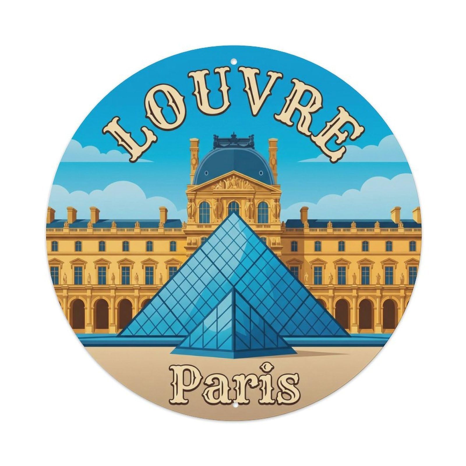 Vintage Travel Louvre Paris Museum Metal Tin Sign Plaque Wall Decor for Cafe, Club Bar, Office, Home Garden Round Metal Poster 8x8Inch