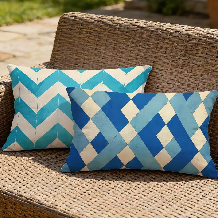 Housse de coussin de jardin effet lin de luxe imperméable bleu 40x70 cm