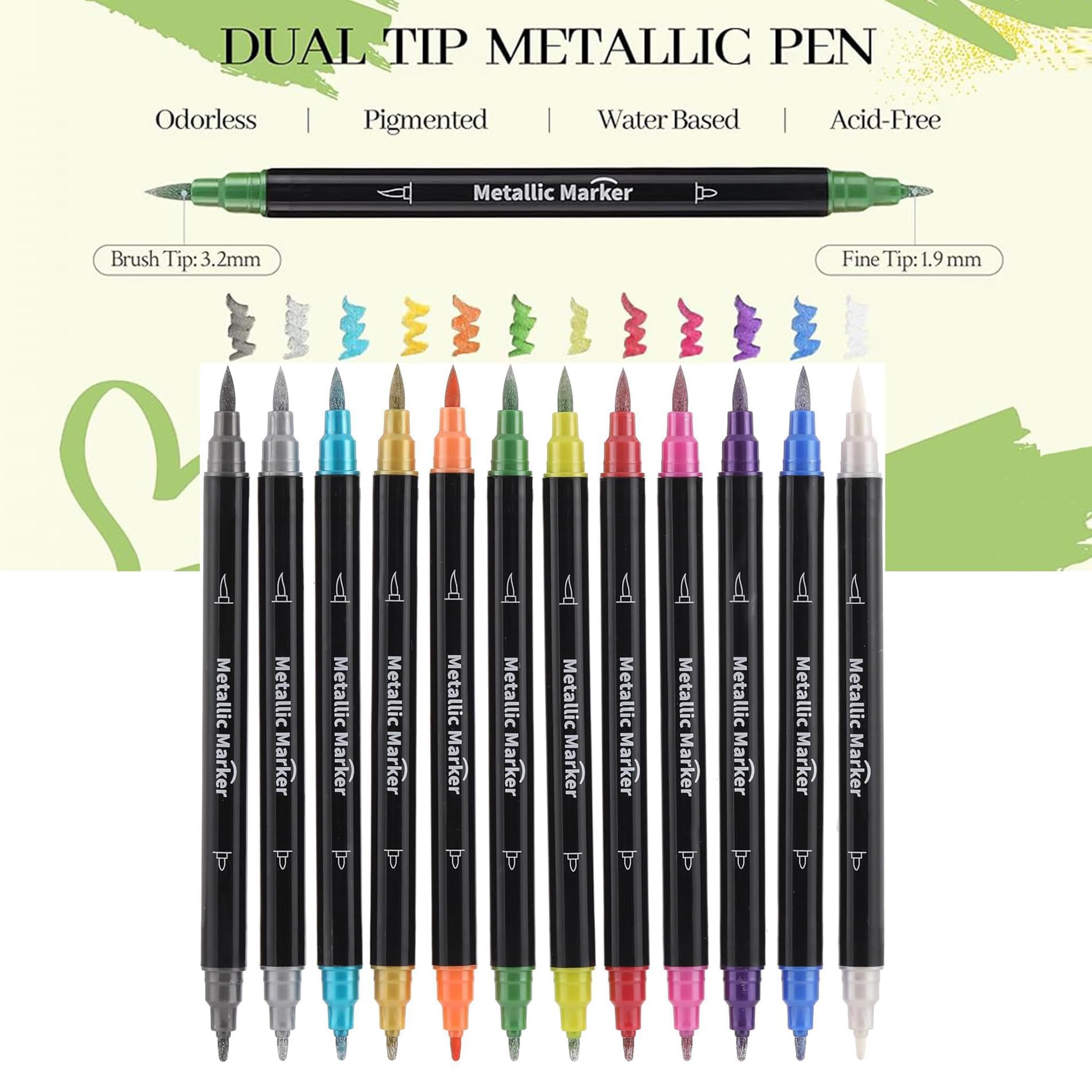 Colourcolor Zestaw 12 metalicznych markerów – pędzelek z podwójną końcówką i cienkimi końcówkami do albumu DIY, czarnych kart, malowania skalnego, tworzenia kart, scrapbookingu, tkanin, metalu