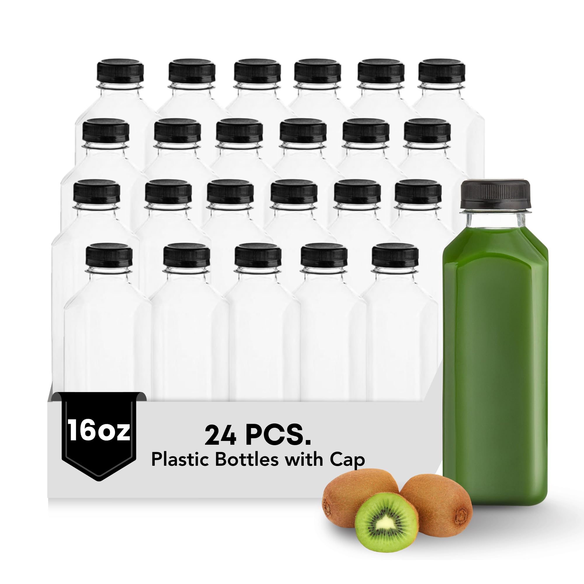 Hammont Plastic Bottles with Caps - Clear PET Iced Coffee & Juice Bottles, Pack of 24 - Reusable Juicing Bottle - Ideal for Cold Drinks (12oz)