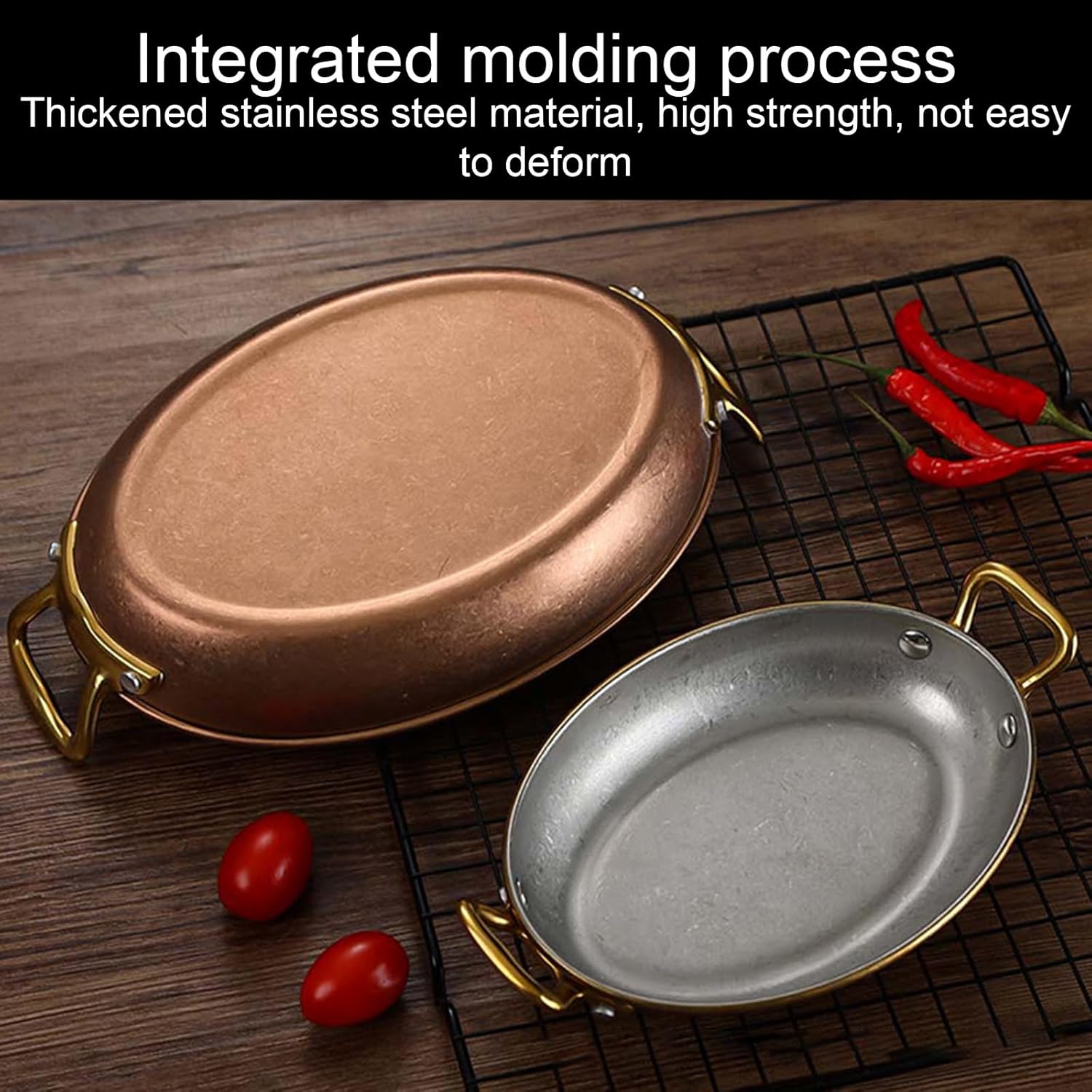 Oval Spanish Paella Pan, 304 Stainless Steel Skillet Pan with Dual Handles, Non-Stick Dinner Server Pan Seafood Paella Pan Cookware for Home Restaurant or Camping,Gold,24cm/9.4inch