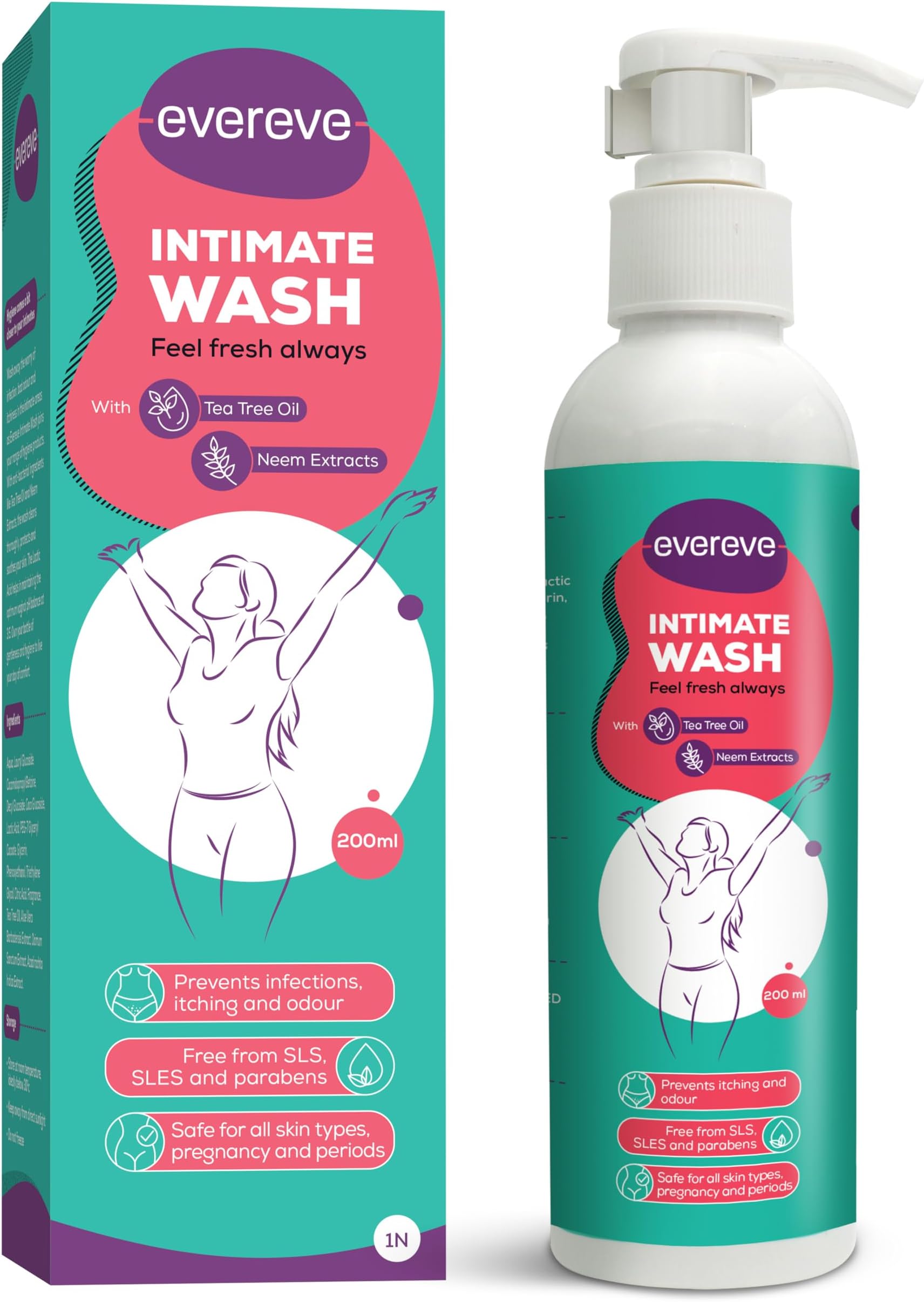 Evereve Intimate Wash for Women, 200ml, 3 in 1, No Odour, No Itching, No Irritation, with Tea Tree Oil & Neem Extract, Maintains pH balance, Dermatologically Tested, safe during Pregnancy & Periods