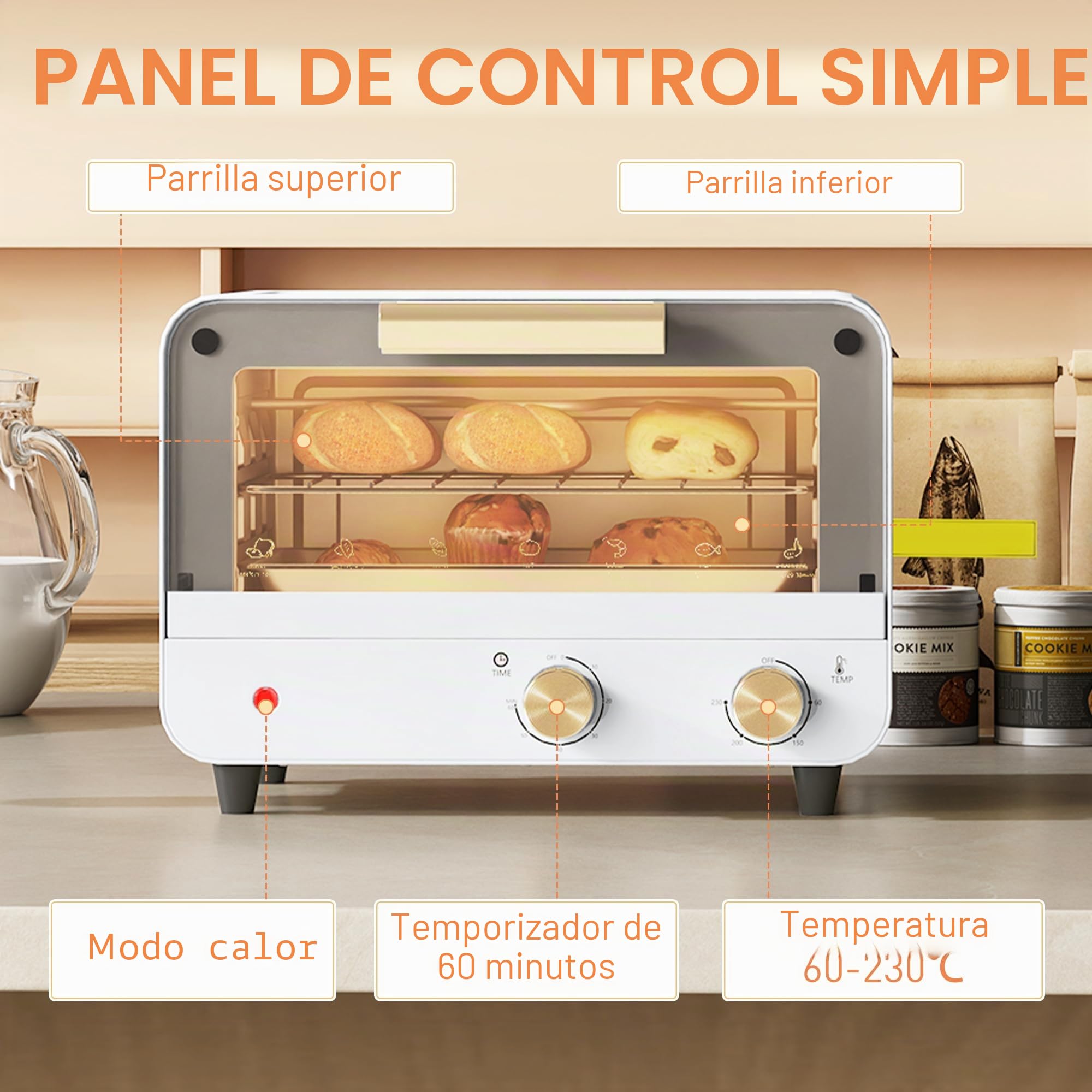 HOMCOM Horno Eléctrico 12L de 2 alturas con Temporizador y Temperatura Ajustable, Mini Horno de Acero Inoxidable, Cristal y Plástico, 31,5x27,7x22,7 cm, Blanco y Dorado