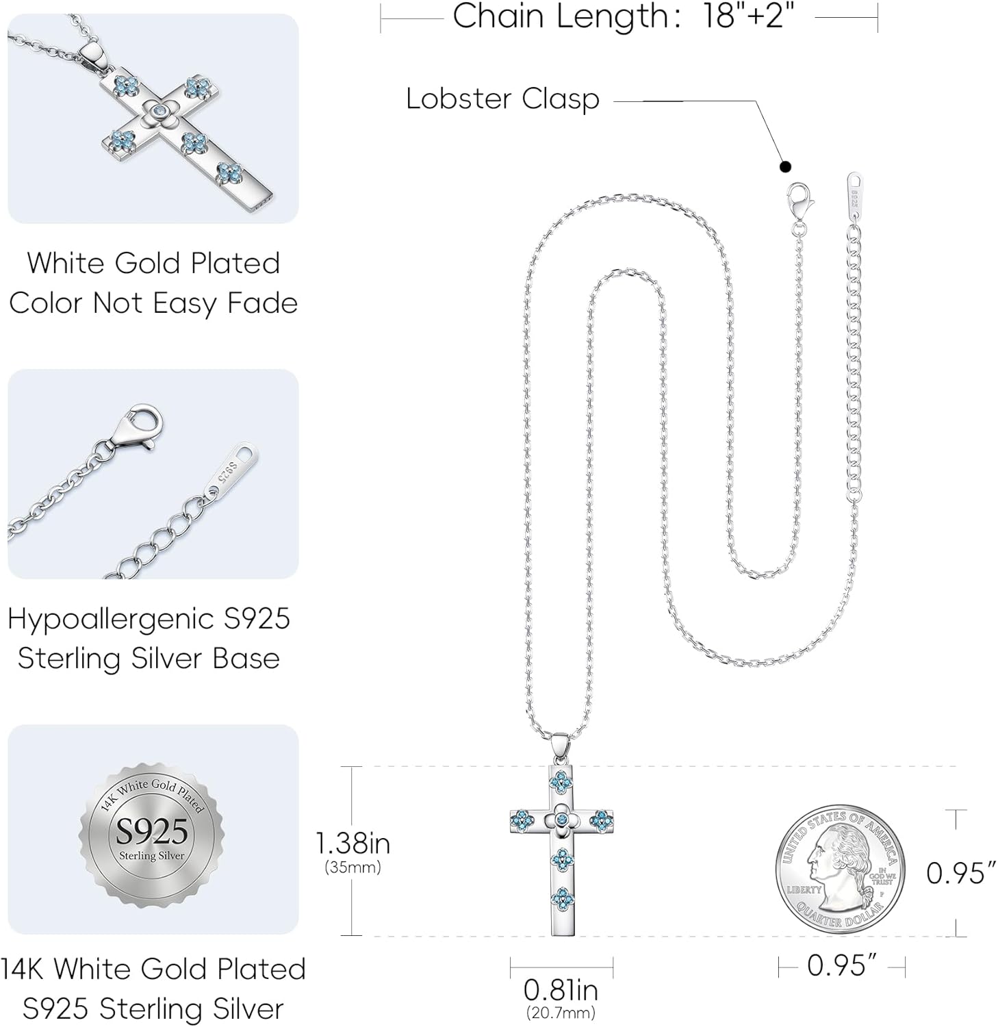 White Gold Filled Non Tarnish Cross Pendant Necklaces with Clover for Women, Christian Lucky Gift Birthday Jewelry for Her (925 Sterling Silver Base) - Image 5