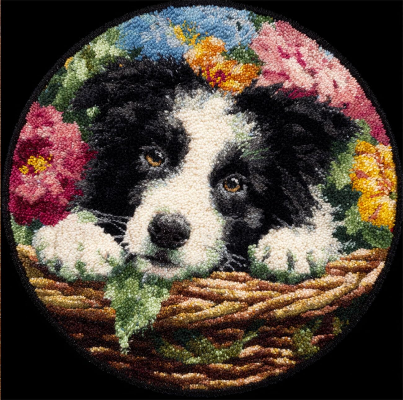 Dog Animal Latch Hook Kit Border Collie in The Flower Basket Knitting Kits for Adults Latch Hook Canvas DIY Rugs Crochet Yarn Set Embroidery Kit 50x50cm