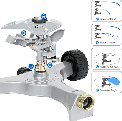 Miniatura 3 de STYDDI Rociador pulsante de metal en serie con base de ruedas de metal, rociador de agua circular ajustable para césped circular mediano a grande,