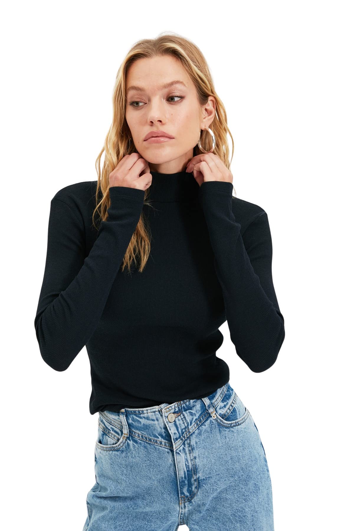 Trendyol Damen Schwarz Figurbetont Bodycon Hochabschließender Kragen Gestrickt Bluse, Xs