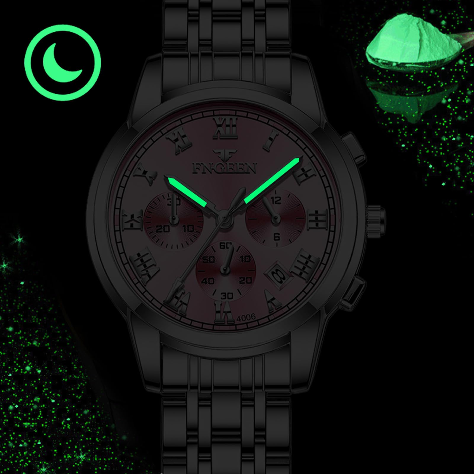 Aroncent Par de relojes de San Valentín para parejas: relojes impermeables con tres ojos, números romanos, calendario, manecillas luminosas, relojes de pulsera analógicos de cuarzo para hombres y