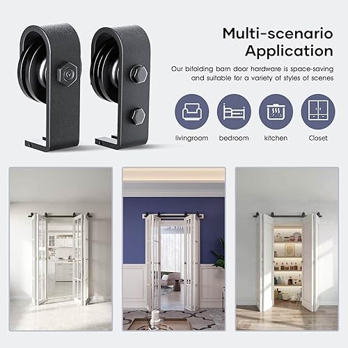 Miniatura 7 de Kit de rieles de puerta de granero plegable de 52 pulgadas para dos puertas de armario de 24 pulgadas, sistema deslizante de montaje superior,