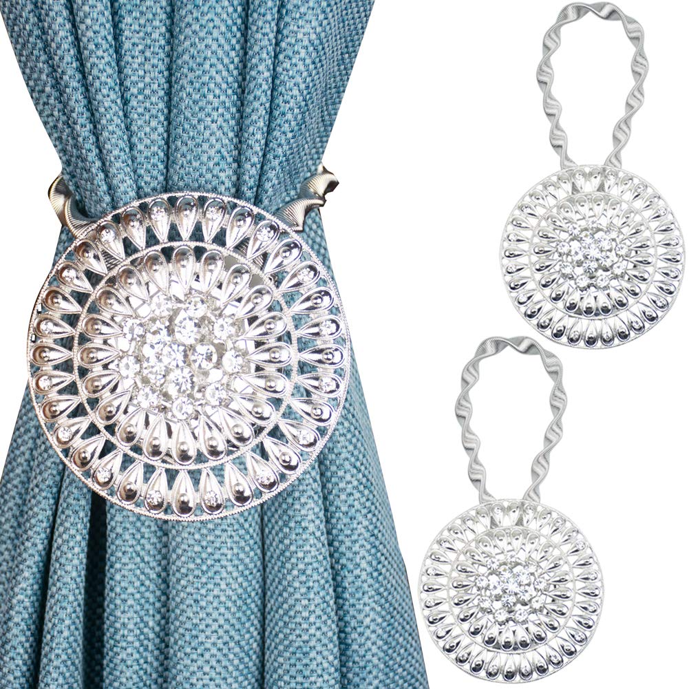 Mikomer 2PCS Curtain Tiebacks Buckle Magnetic Clips No Drilling Drapery Holdbacks Holders with Stainless Spring Wire Rope for Bedroom,Living-Rooms,Office Decoration,Silvery