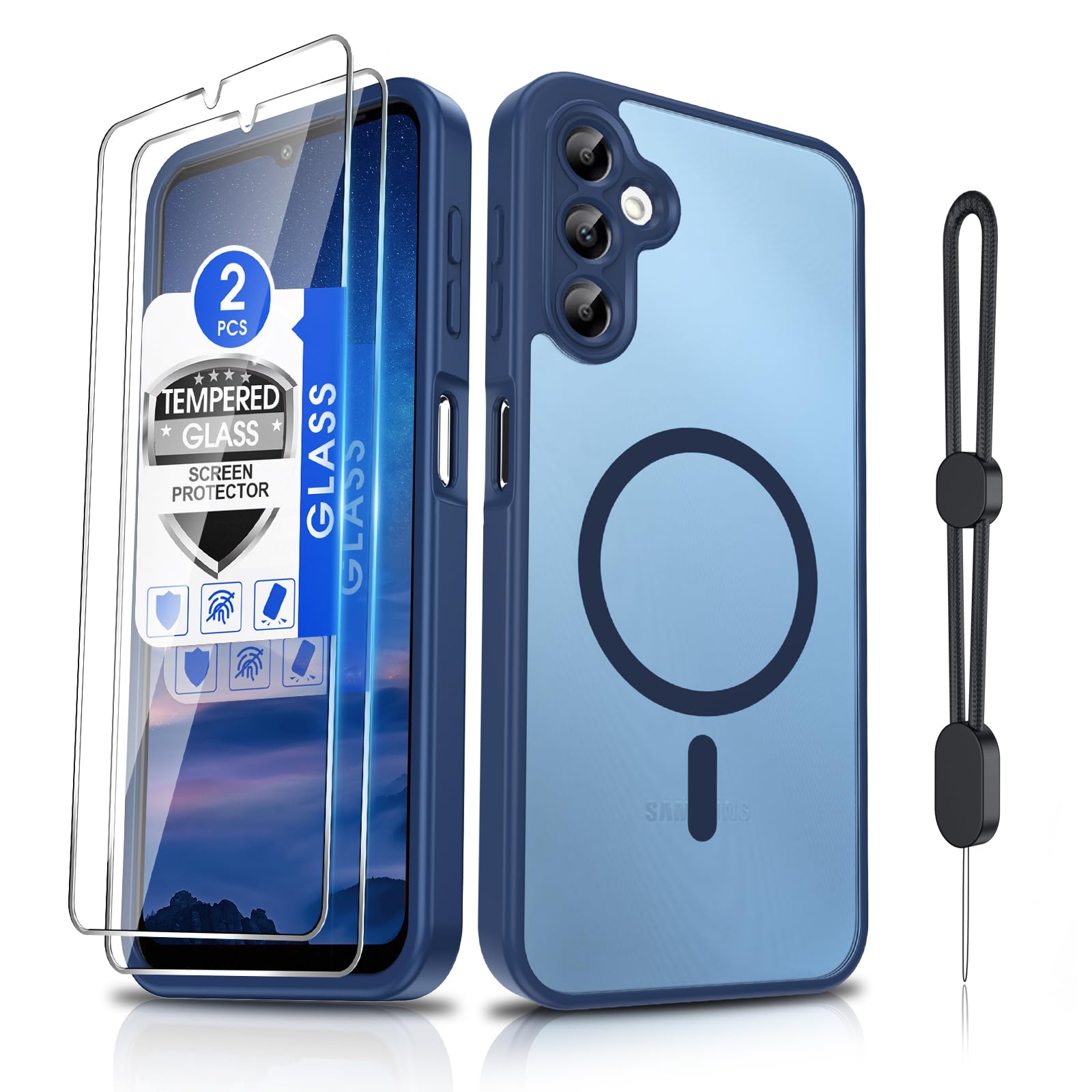 Dizn for Samsung Galaxy A14 Cover: A14 Phone Case with Tempered Glass Screen Protector, Compatible with MagSafe Wireless Charging,Matte Translucent &amp; [Military-Grade] Shockproof for A14,Sapphire Blue