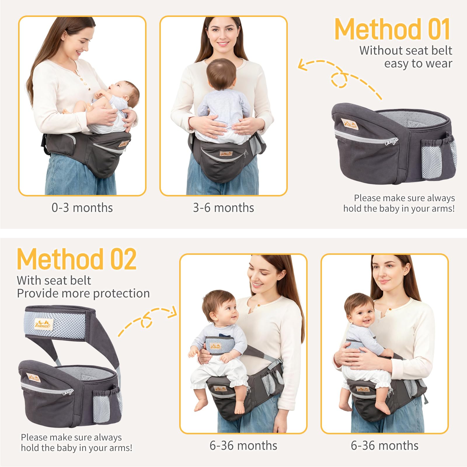 Viedouce Baby Hüftsitz Ergonomische mit Sicherheitsgurt Schutz,Reine Baumwolle Leicht und atmungsaktiv,Ergonomischer Leichte Taille Hocker Baby Hüftsitz für 4-36 Monate (Dunkelgrau)