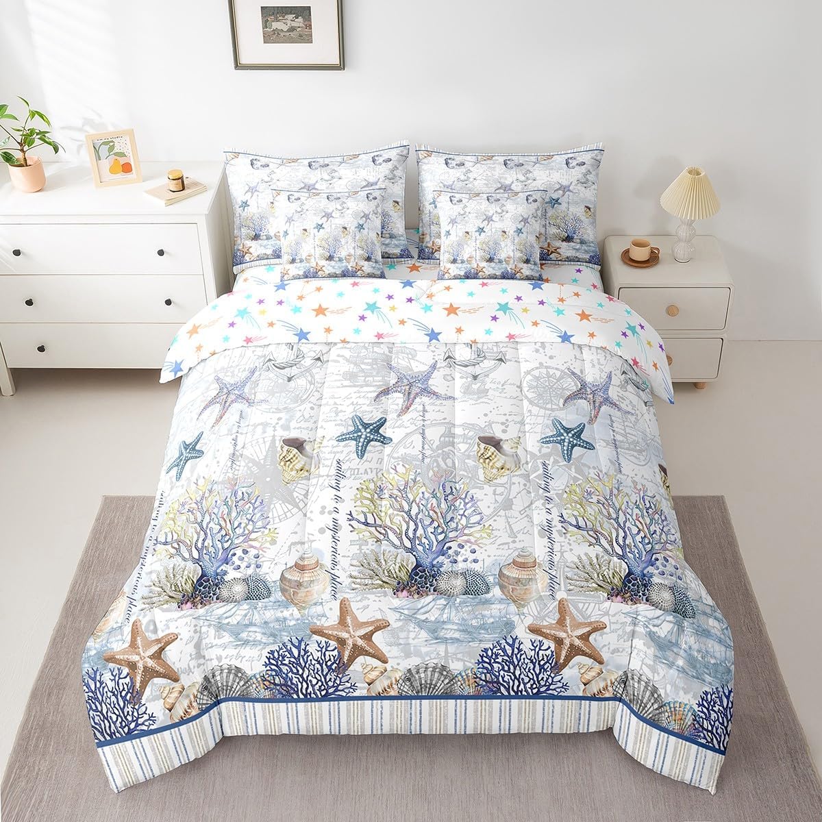 Feelyou Beach Starfish Comforter Set with Sheets Queen Size 7 Piece Ocean Marine Themed Sailboat Bedding Set for Boys Girls Sea Creatures Bed in a Bag Coastal Nautical Bed Set