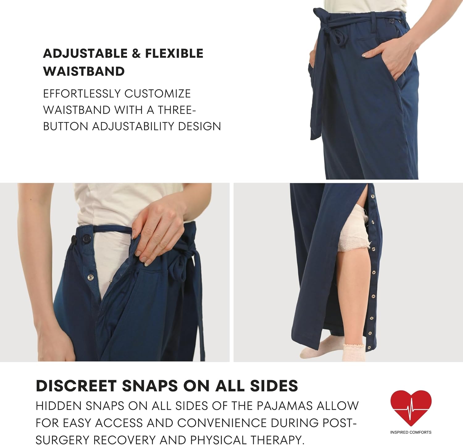 Inspired Comforts Women Tearaway Post Surgery Recovery Pajama Pants with Side Snaps & Pockets - Image 2