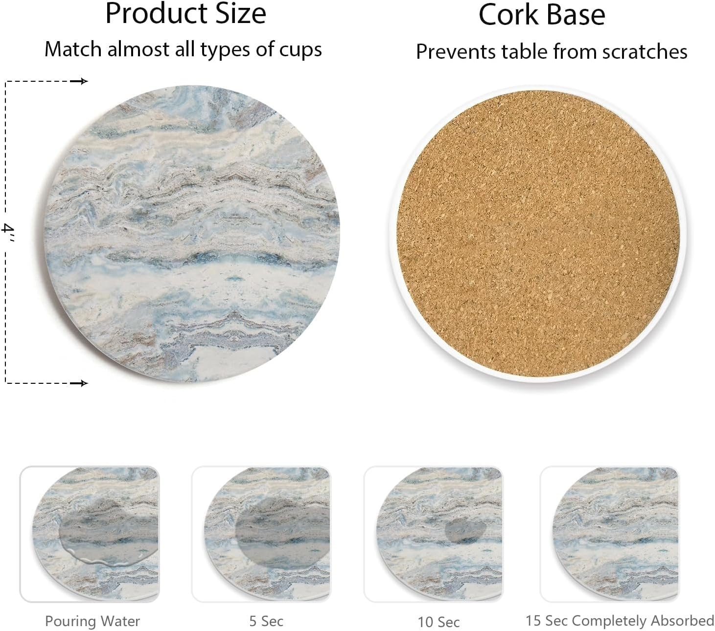 Set of 6 Mix Color Abstract Onyx Marble Coasters with Holder, Absorbent Ceramic Coasters for Drinks, Coasters with Cork Backing for Table Protection, Home Decor, Coffee Table Decor - Image 4