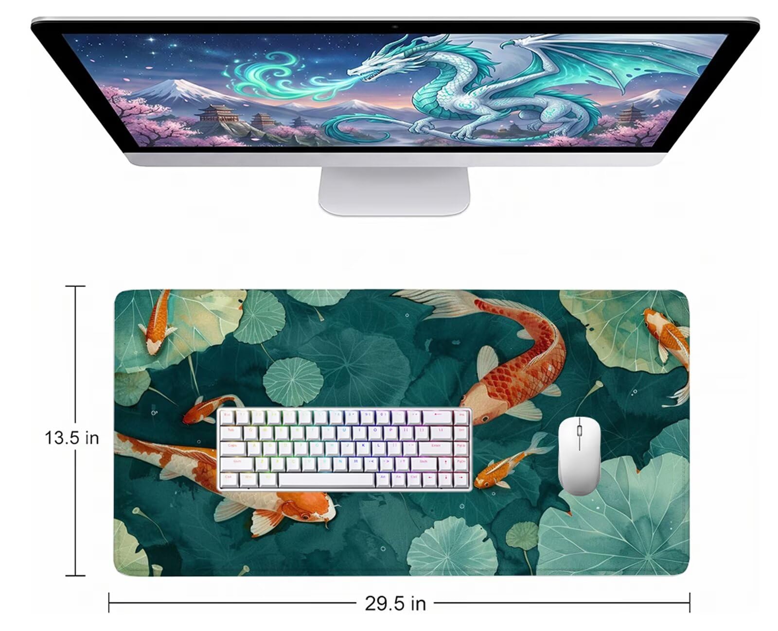Pez Alfombrilla Ratón XXL 150x80 cm Mouse Pad Grande Gaming Hoja De Loto Alfombrilla Escritorio Antideslizante, Protector de Mesa para Ordenador y Teclado, Alfombrilla Gamer con Bordes Cosidos W6-417