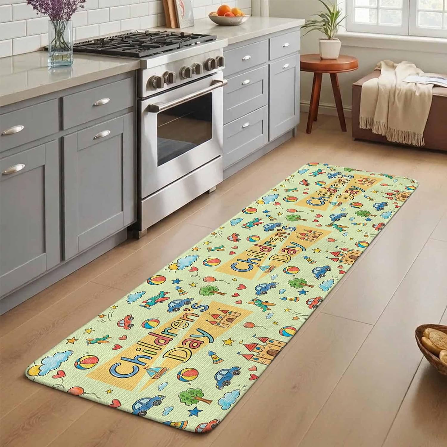 Long Bathroom Runner Rug, Happy Children's Day Absorbent Non Slip Washable Rug, Cartoon Castle Childhood Innocence Low Profile Kitchen Runner Rugs for Office, Entryway, Laundry Room, 20x63 In