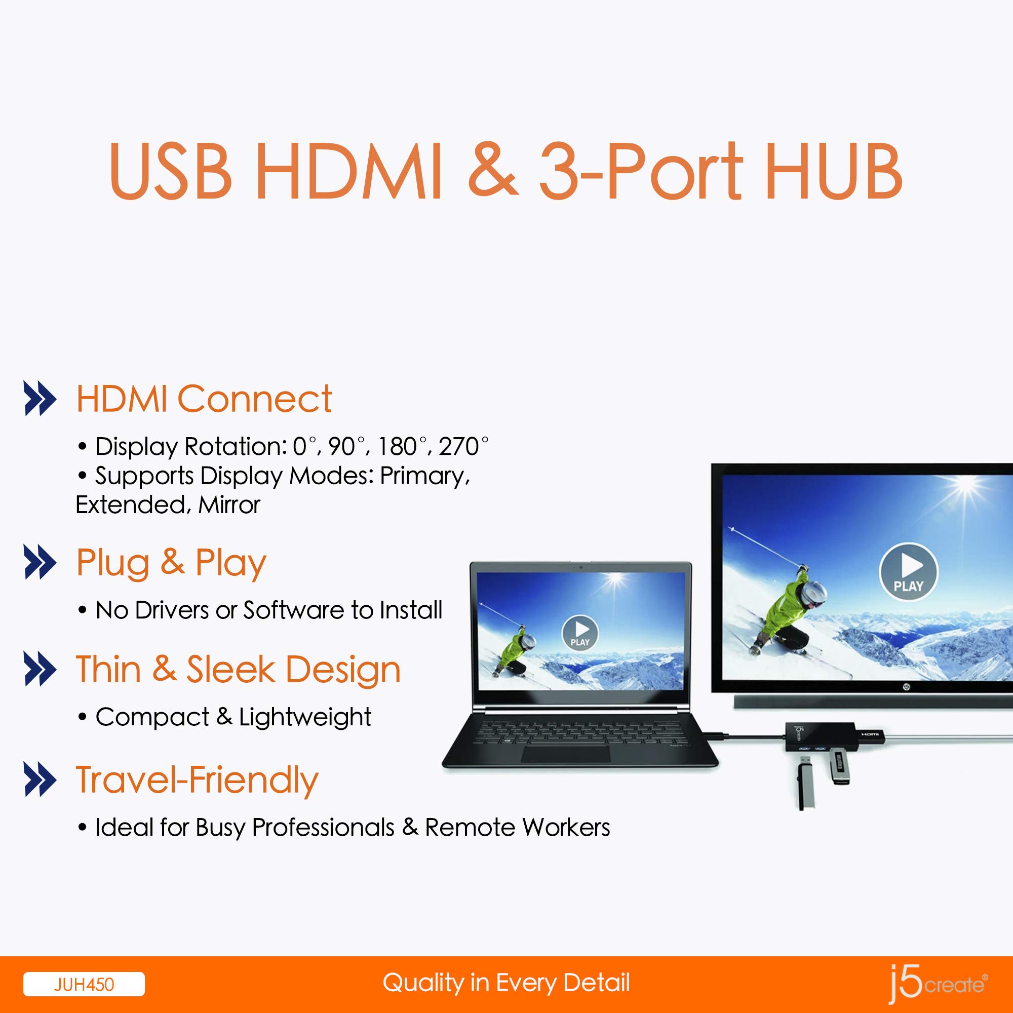 j5create Adattatore multiplo USB 3.0 - HDMI 1080p 2048 x 1152 @ 32bit | Hub USB 3.0 a 3 porte | USB 3.0 SuperSpeed | Compatibile con dispositivi USB 2.0/1.1 | Compatibile con Windows e Mac (JUH450)