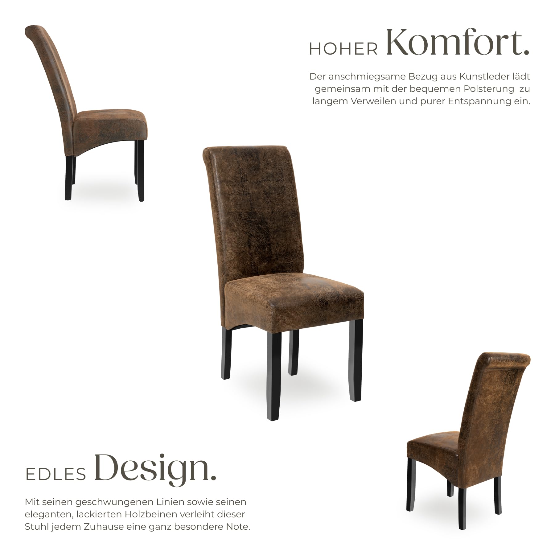 tectake® 6er Set Stühle, Kunstleder Stuhl mit hoher Rückenlehne, ergonomische Form, perfekt für den Esstisch, als Esszimmerstühle, Küchenstühle oder im Wohnzimmer - antikbraun