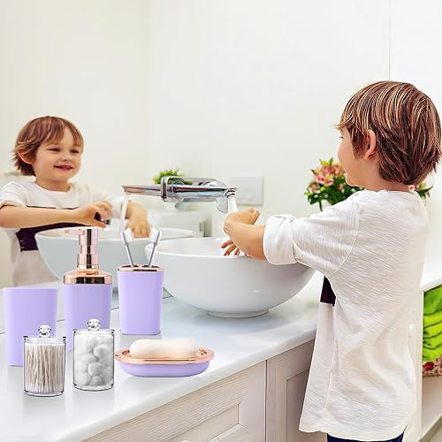 Miniatura 7 de Juego de accesorios de baño morados de 9 piezas, juegos de accesorios de baño morados completos con basura, bandeja, dispensador de jabón, soporte