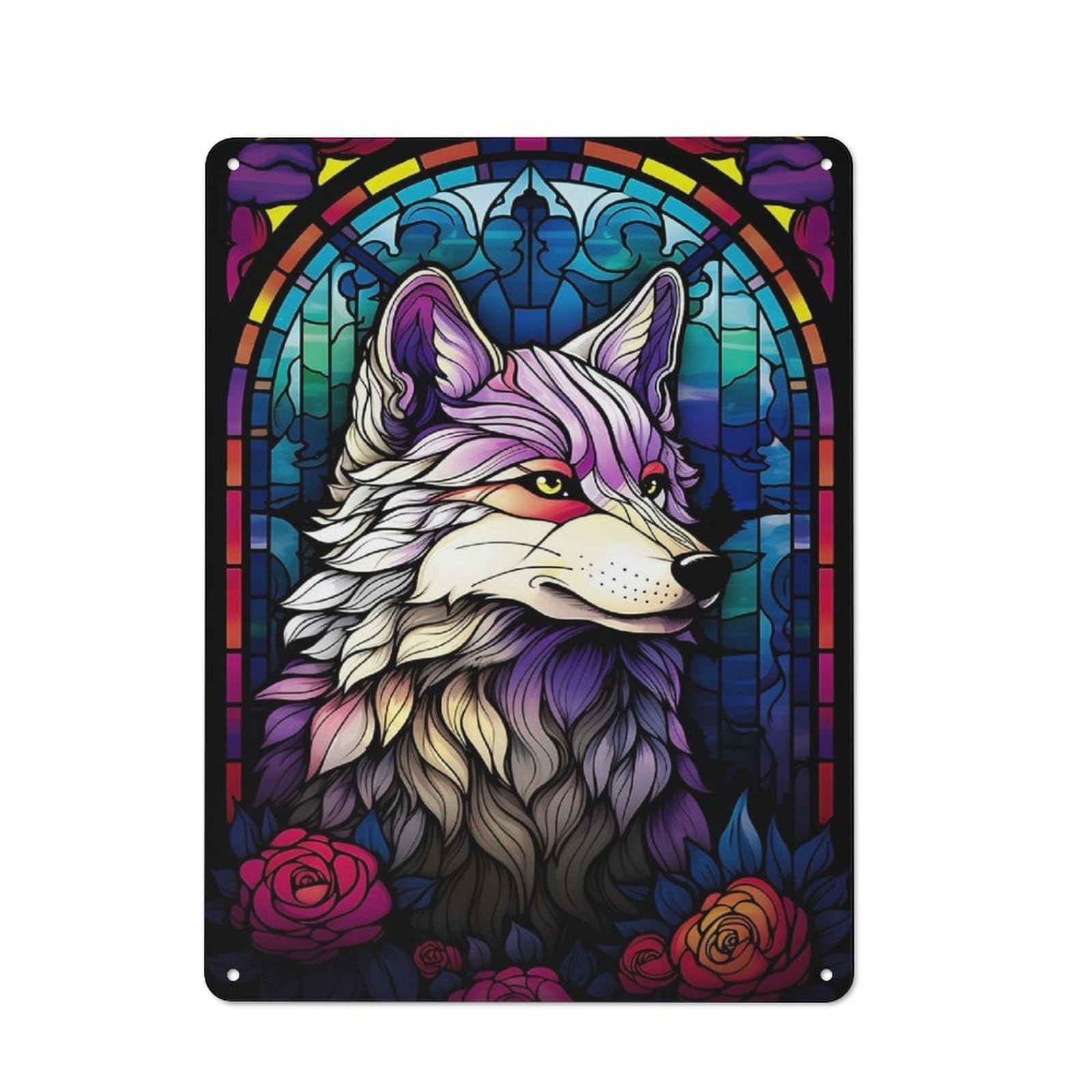 Junmoney Abstract Wolf Stained Glas For Man Cave Or Games Room, Retro Metal Plaque 40X30cm, For Metal Sign Collectors, For Garage And Workshop Walls
