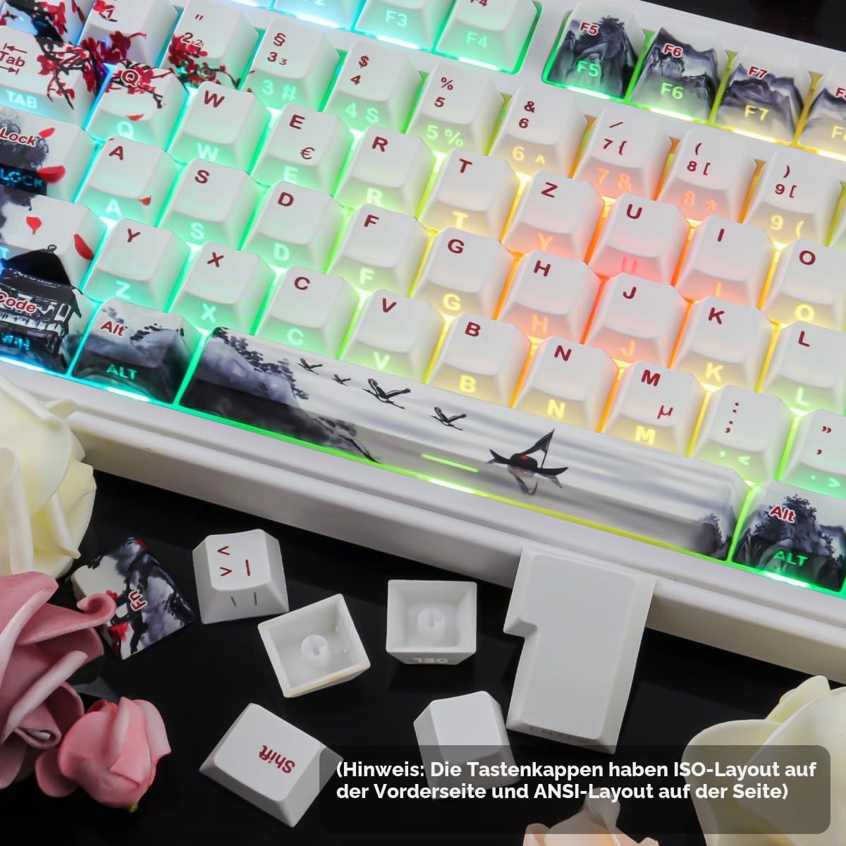 PBT German Keycaps, 133 Keys Double Shot Landscape Plum Blossom Keycaps Dye-Sub Cherry Profile Side Printed Shine Through Keycap for Cherry MX Switch ISO QWERTZ Layout Mechanical Keyboards