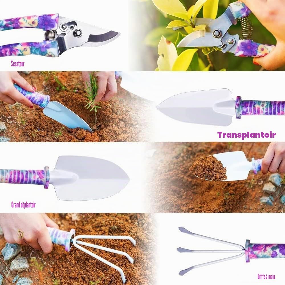 KAHEIGN 10Pcs Outils de Jardinage, Impression De Fleurs Violettes Outil à Main De Jardin Pelle à Manche Ergonomique Et Sécateur, Râteau, Pulvérisateur D'eau, Cadeaux De Jardinage Pour Femmes, Hommes