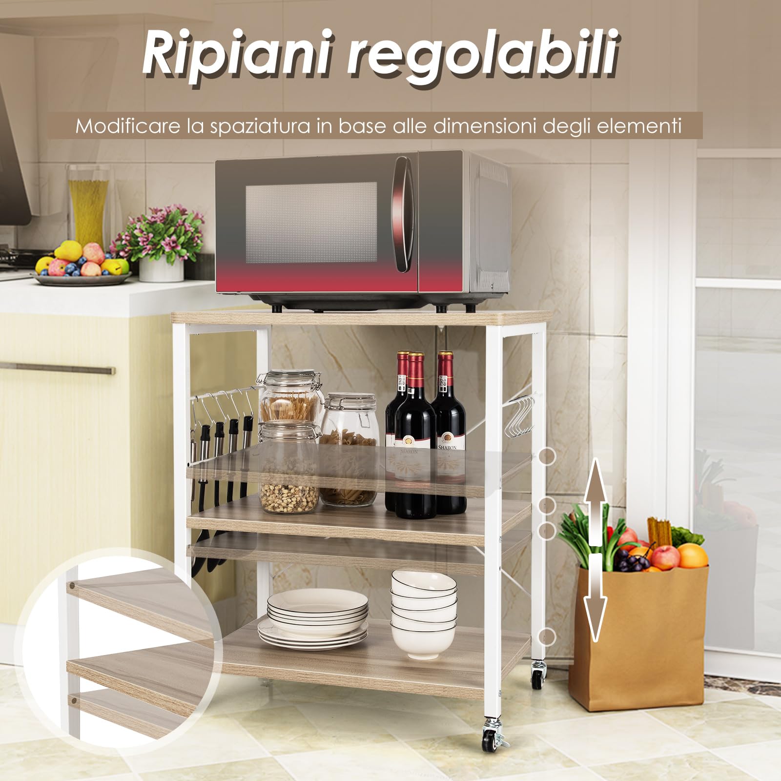 COSTWAY Carrello da Cucina con 10 Ganci Rimovibili, Scaffale per Pasticceria con 3 Livelli, Scaffale con Struttura di Metallo con Ruote Bloccabili per Bar Ristorante Hotel, 60 x 40 x 73,5 cm (Beige)