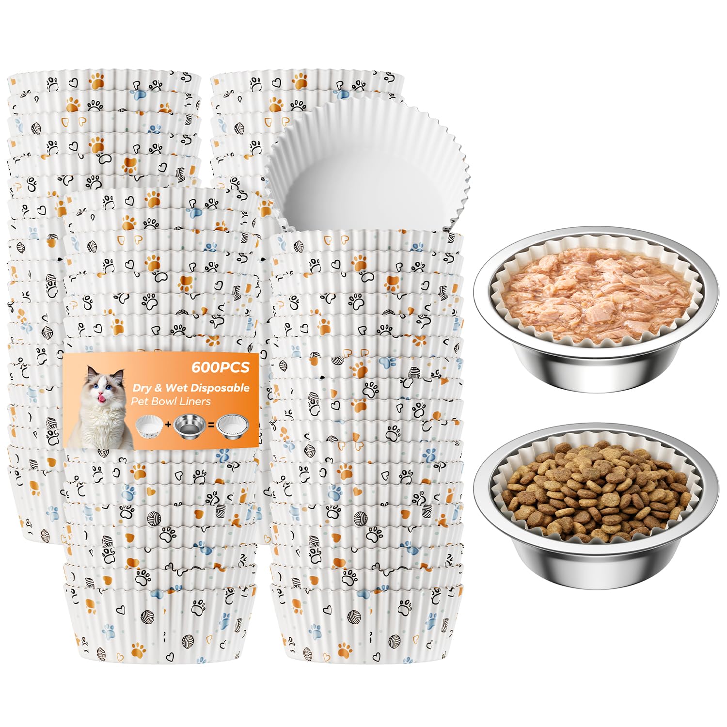 Disposable Cat Bowl Liners with 2 Stainless Steel Pet Bowls, Bulk Paper Pet Feeding Bowl Liners for Small Dogs Cats, Disposable Cat Food Bowls for Wet and Dry Food Feeding Station (600, White)