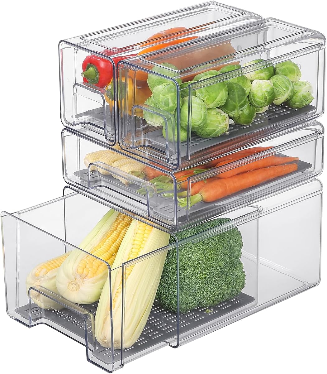 Refrigerator Organizers and Storage Drawers (Complete Set) | Produce Water Draining, BPA Free, Stackable, Clear, Fruit and Veggie Organization, Pull Out Bins