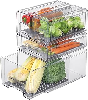 Pull Out Clear Fridge Organizer Drawers with Drainer, Refrigerator Stack...
