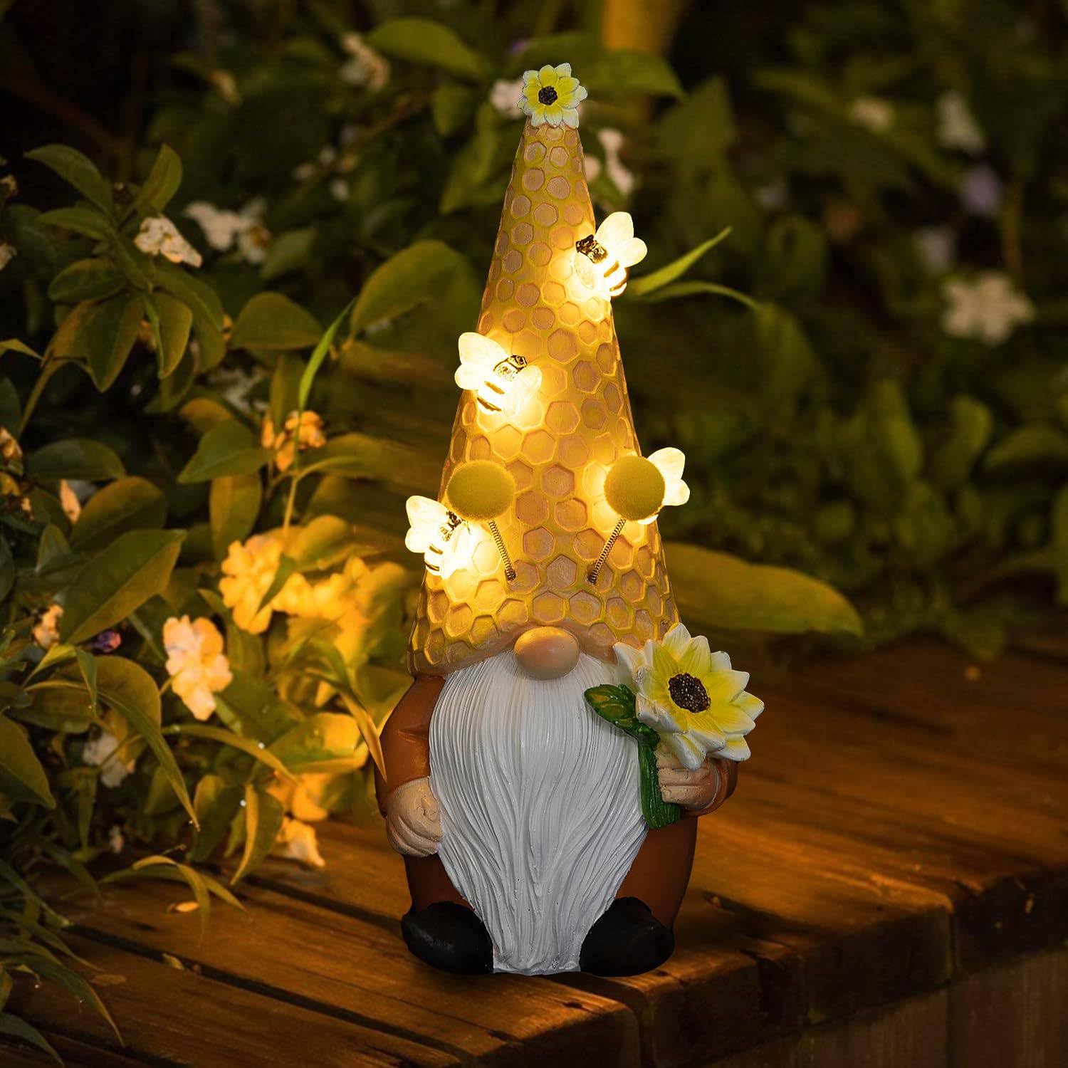 Pearlstar Women's Gnome Solar Garden S Statues Waterproof, Garden Ornaments Outdoor, Solar S Statues And Sculptures With Bees And Sunflower, Outdoor Decorations For Balcony And Pond, Gift For
