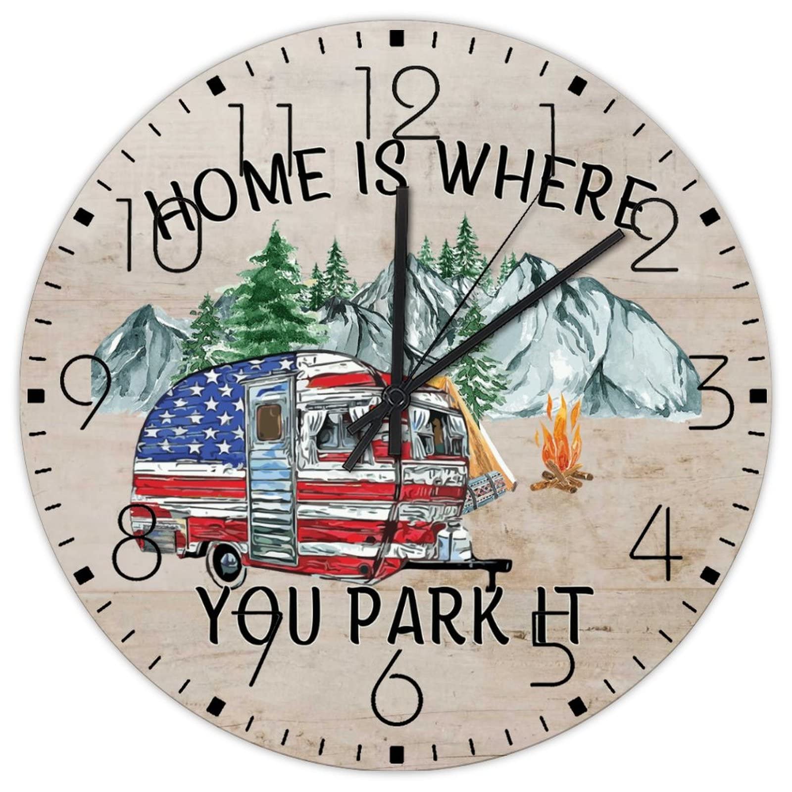 Horloge murale en bois haut de gamme 38,1 cm grand cadran rond au design forêt de sapins