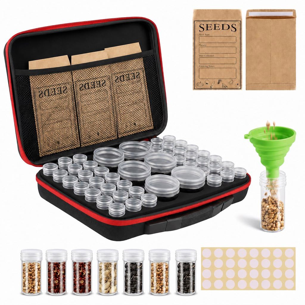 Rigute 48 Slots Seed Storage Box, Seed Organiser, Seed Storage Organiser with Labels Stickers and Funnel for Herb Seeds, Vegetable Seeds, Drop-Resistant, Sun Protection