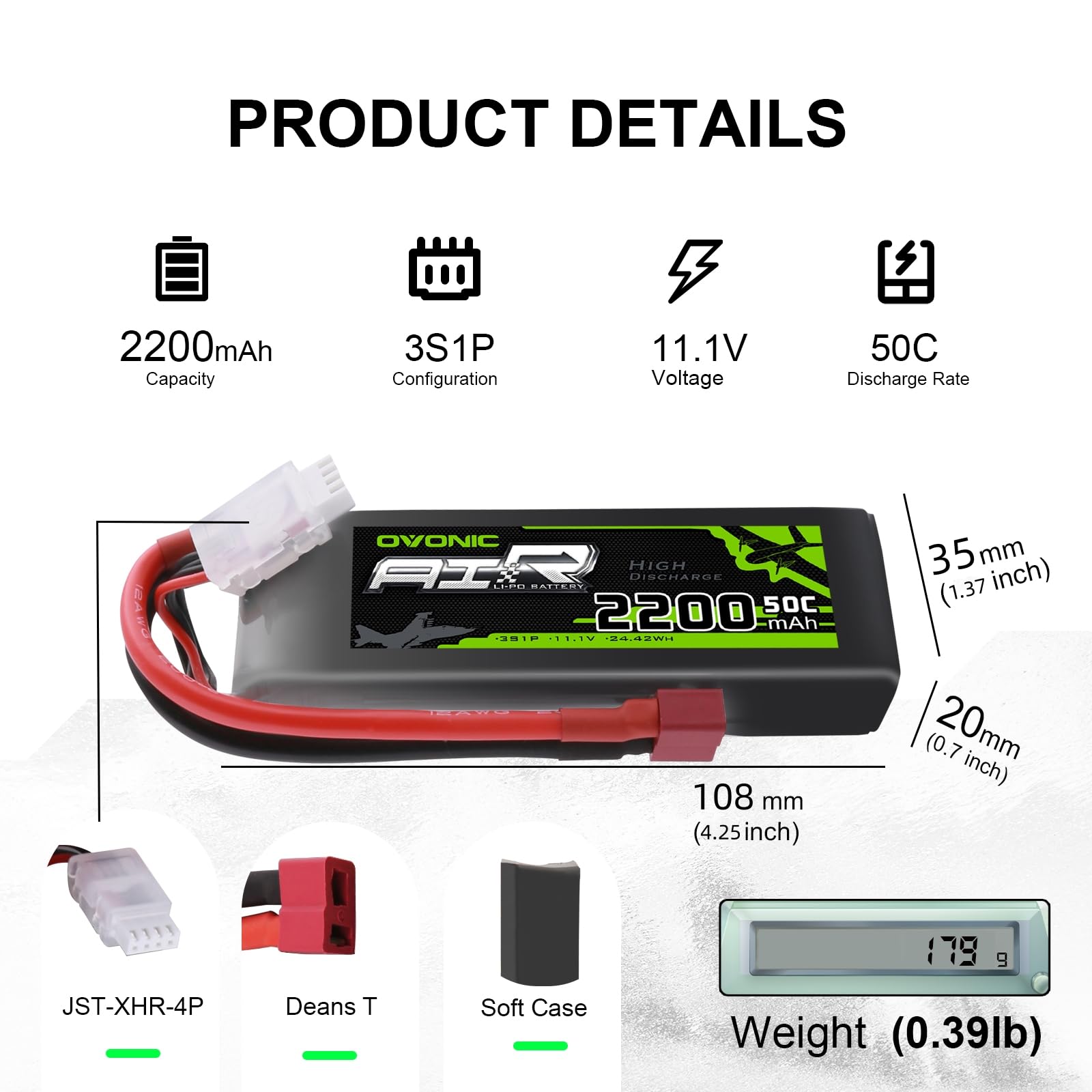 OVONIC 3s Lipo akumulator 2200 mAh 50C 11,1 V z wtyczką