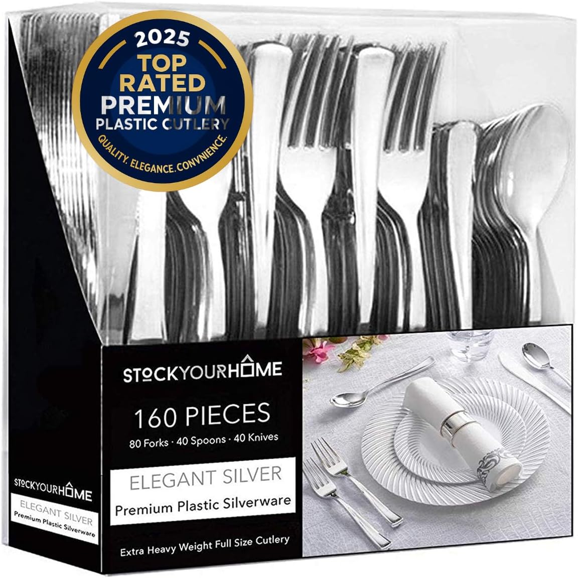 160 Pack Silver Plastic Cutlery Disposable Silverware - 80 Forks, 40 Knives, 40 Spoons - For Catering, Parties, Dinners, Weddings, and Everyday Use