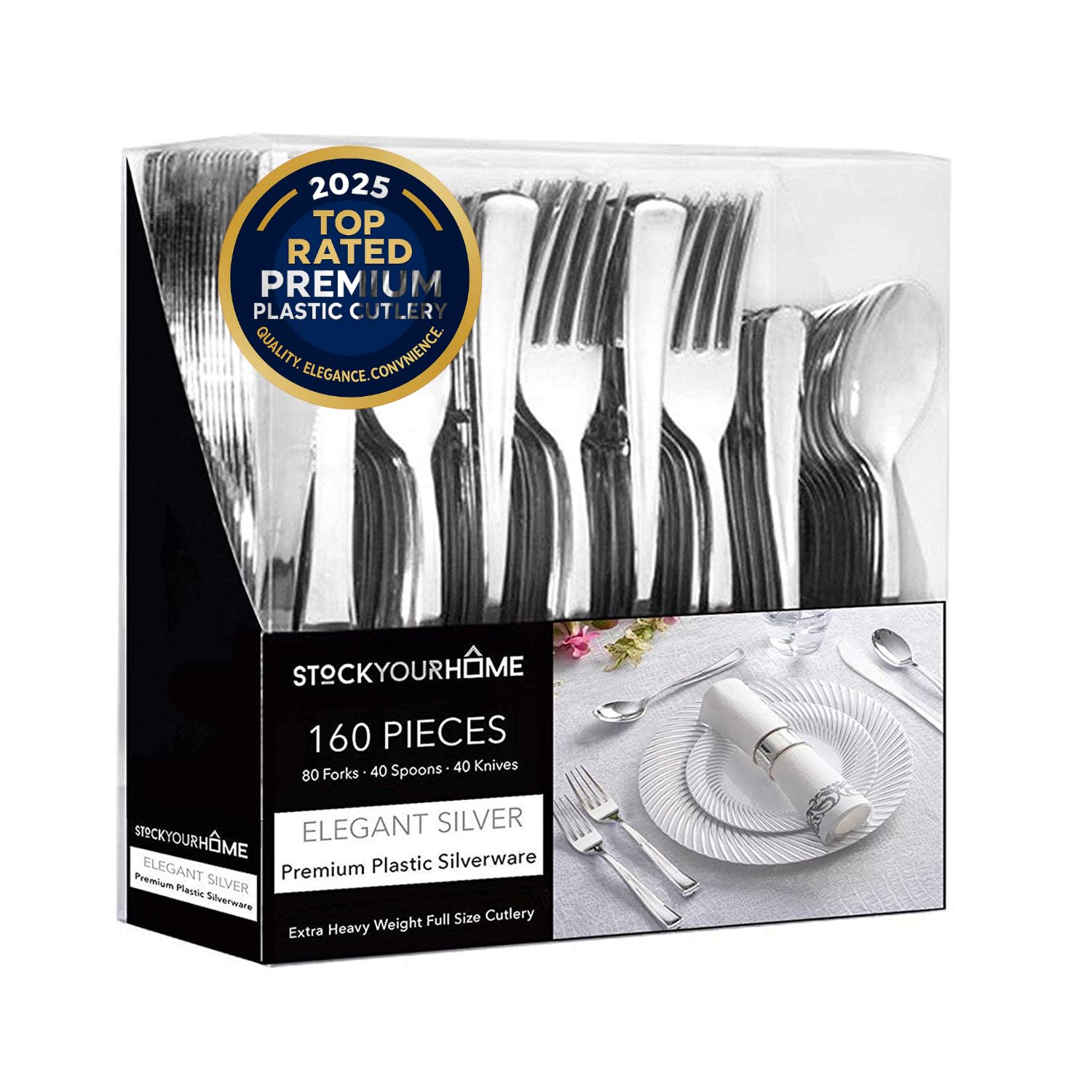 Stock Your Home 160 Pack Silver Plastic Cutlery Disposable Silverware - 80 Forks, 40 Knives, 40 Spoons - For Catering, Parties, Dinners, Weddings, and Everyday Use