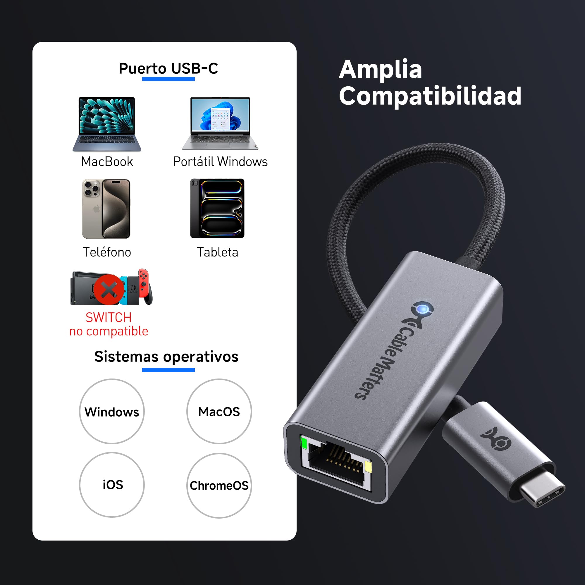 Cable Matters Adaptador USB C a Ethernet, Adaptador de Red Gigabit Ethernet a USB C para 1000 Mbps, Compatible con MacBook Pro, iPhone 16 Pro/MAX, iPad Pro, DELL XPS, Surface y más