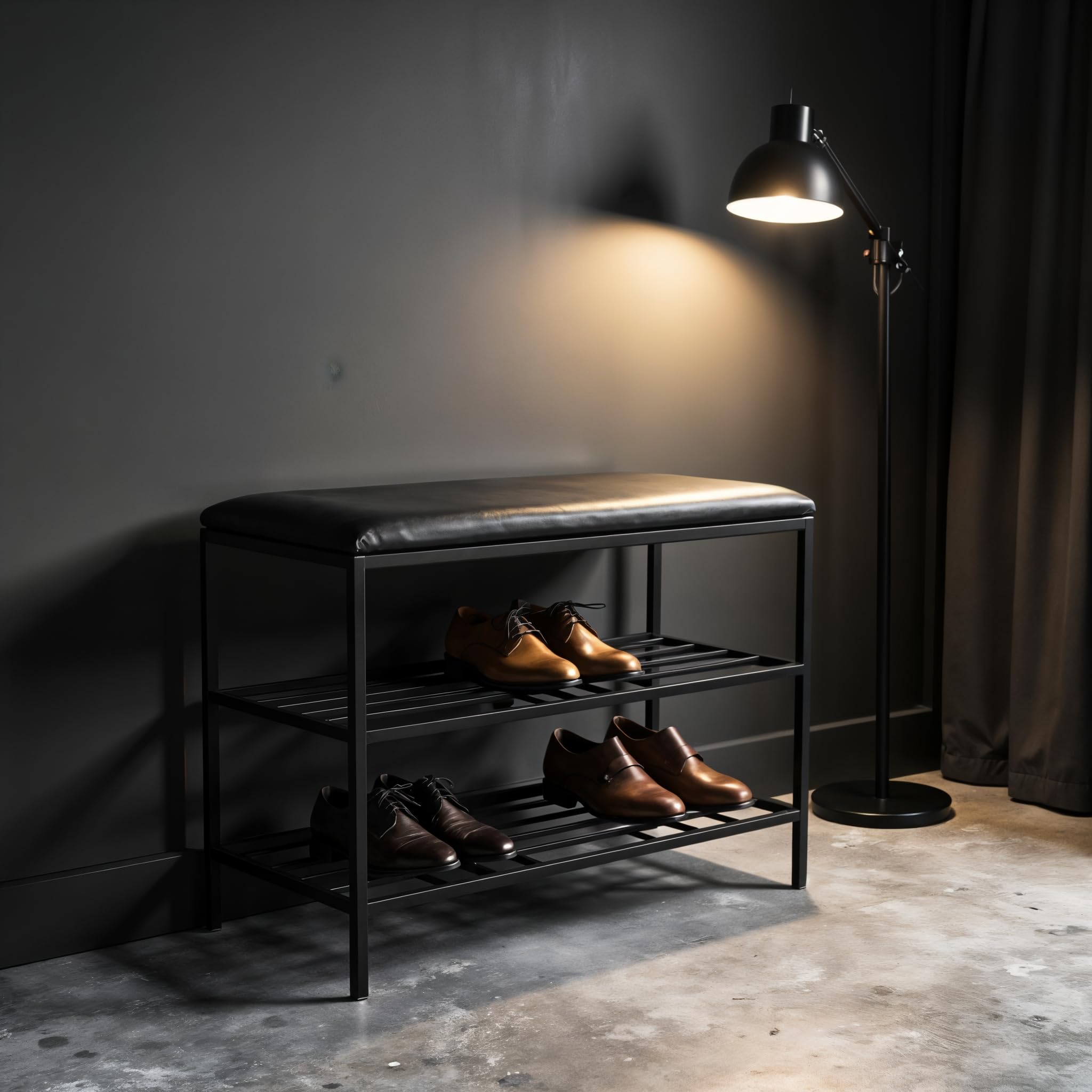 Ławka na Buty z Siedziskiem - Stojak na Buty - 75x30x55cm - z Metalu, 2 półki, bez Montażu - Ławka do Przedpokoju POSTO Czarny z Czarnym Siedziskiem ze Sztucznej Skóry, 15mm Metalowa Rama