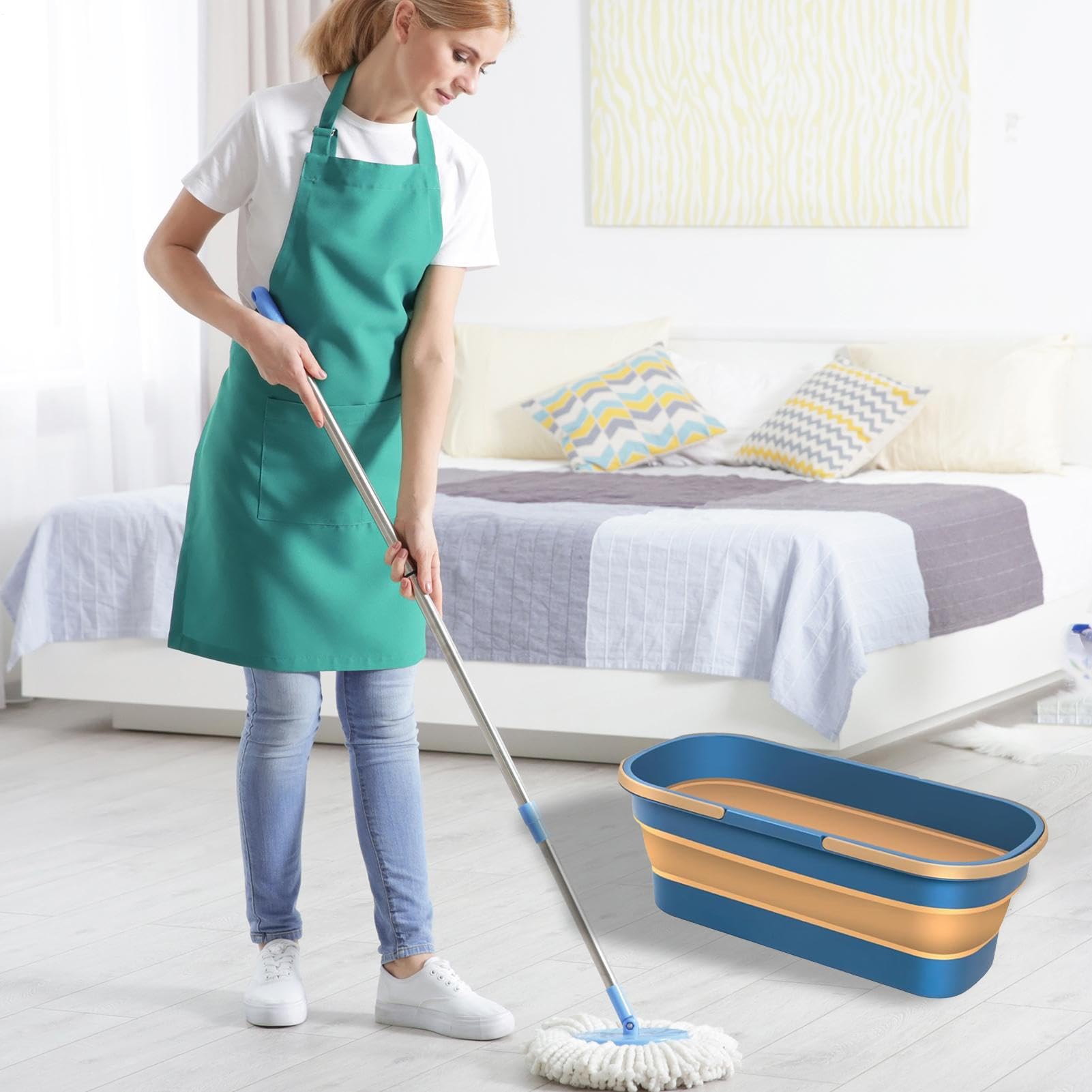 Cubo plegable | Paja de agua plegable multiutilizable | Cesta práctica | portátil | Cuenca de lavado del cubo de fregona con ruedas, 2 asas | de limpieza versátil de lavado de 3,17 gallos
