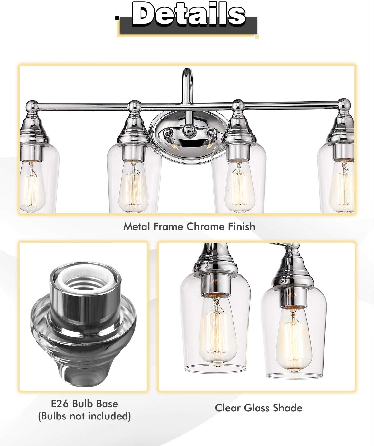 Suреr Dеаl Prоduсt FEMILA 4-Lights Bathroom Vanity Lighting Fixture, Modern Vintage Wall Sconces Lamp with Clear Glass Shade, Chrome Finish, 4FH07-4W CH