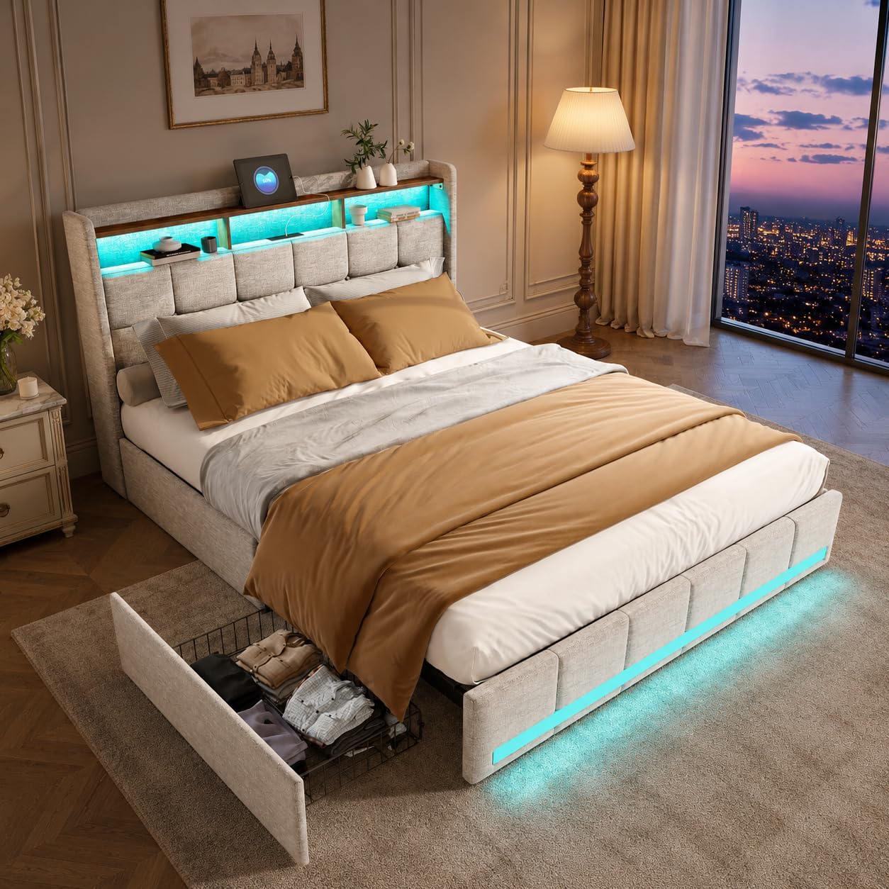 Lit Double 160x200 avec Sommier et LED, Cadre de Lit avec 4 Tiroirs de Rangement, Lits Rembourré avec USB et Type-C, Lit Capitonné, Lit 2 Personnes pour Adolescents, Lin(Beige-Lin A, 160*200)