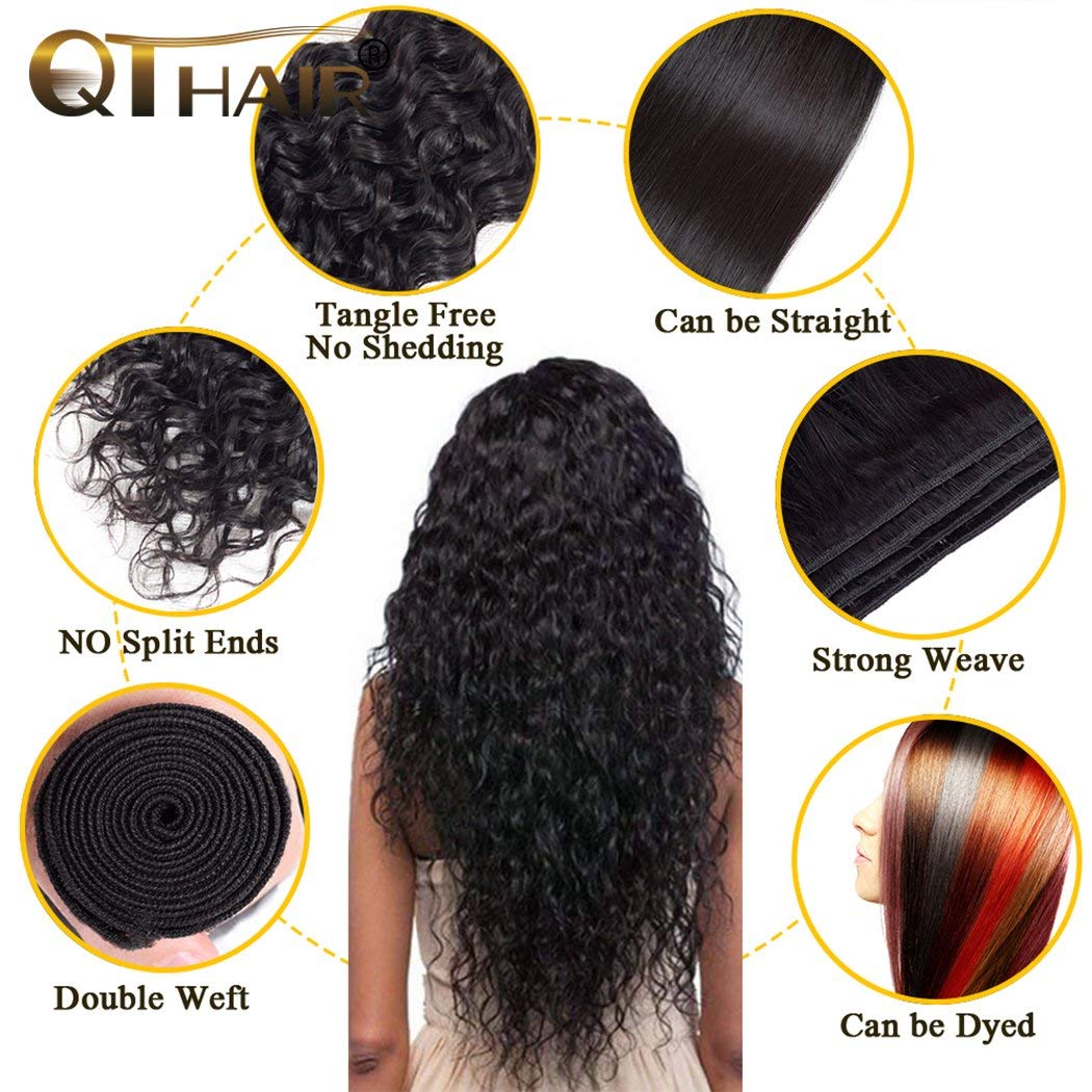 QTHAIR 18A Water Wave Human Hair Bundles with Lace Frontal(18" 20" 22"+16",Natural Black) Virgin Brazilian Hair Bundles Hair Water Wave Lace Frontal with Bundles