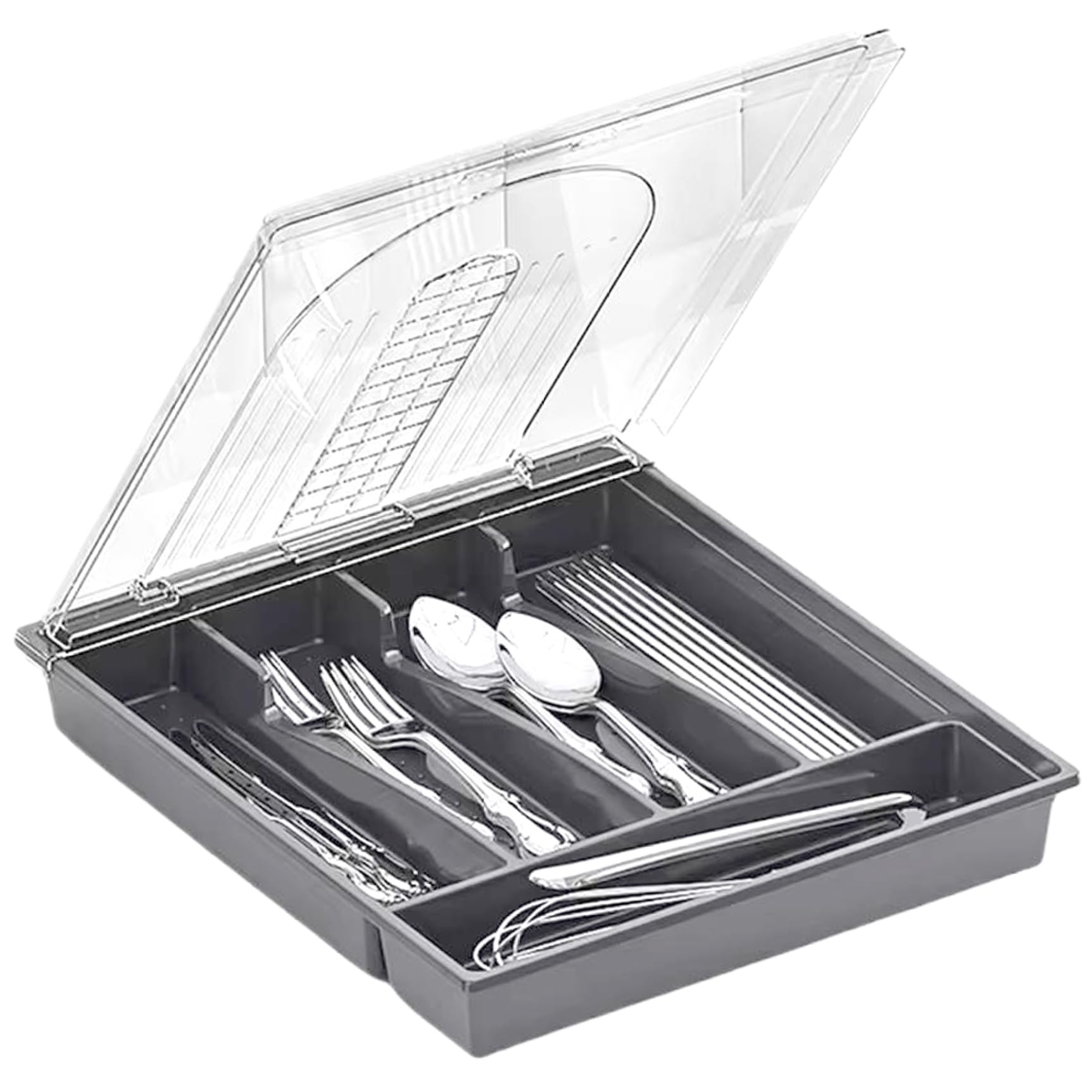 CNAFGBGG Silverware Organizer with Lid, Covered Utensil Tray for Kitchen Drawer and Countertop, Plastic Cutlery and Flatware Storage Box for Spoons Forks Knives, Grey.