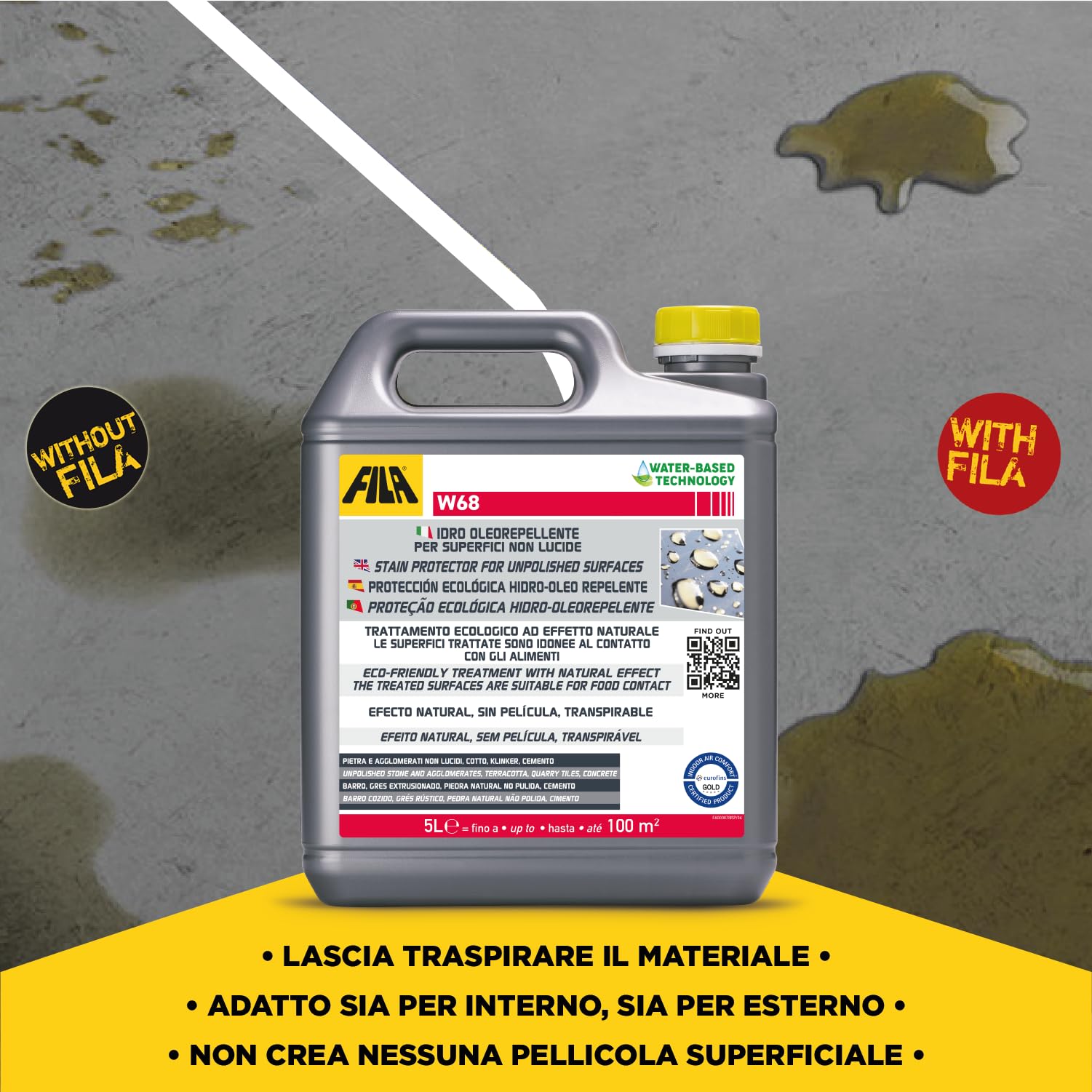 Fila Surface Care Solutions W68 Idro oleo Repellente per superfici Non Lucide, Protegge da sporchi oleosi, 5 Litri | per superfici Non Lucide, Protegge da sporchi oleosi, 5 Litri